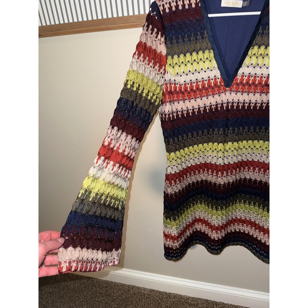 Ramy Brook Multi Color Striped Crochet Knit V-Neck Bell Sleeve Mini Dress Large - Picture 3 of 10